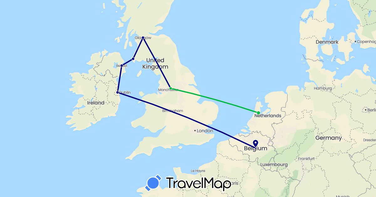 TravelMap itinerary: driving, bus in Belgium, United Kingdom, Ireland, Netherlands (Europe)